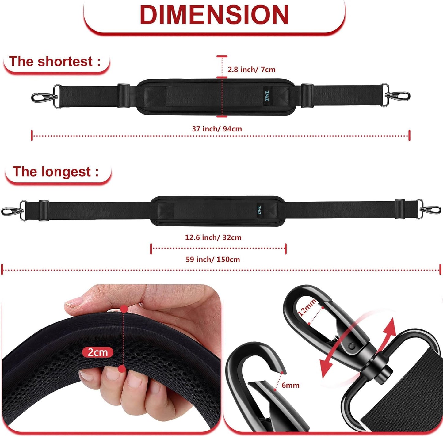 ZINZ Shoulder Strap 59 Inch Universal Bag Strap with Ultra-thick Fixed Breathable Pad, Adjustable Heavy-duty Shoulder Strap for Laptop, Camera, Gym Bag and More - Black