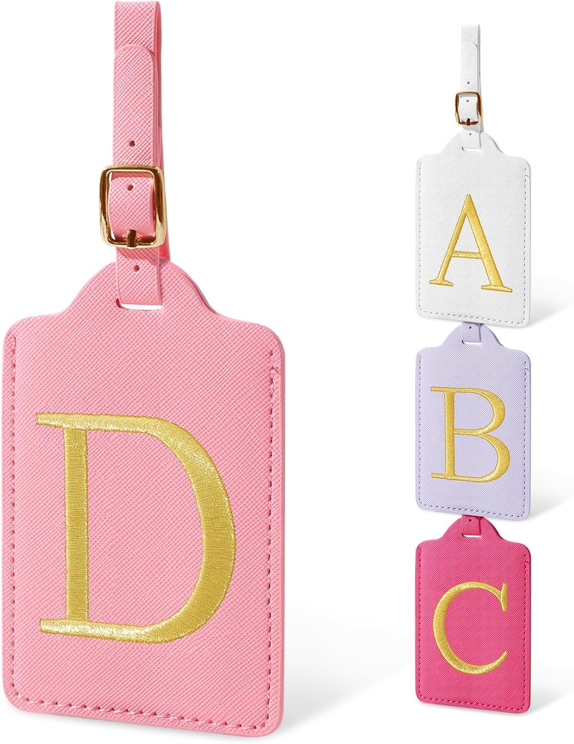 Initial Letter Luggage Tags for Suitcases, Embroidered Monogrammed Suitcase Luggage Identifier Name Tag, PU Leather TSA Approved Luggage Tags, Bag Tags for Men Women Kids Luggage Handbags(Pink D)