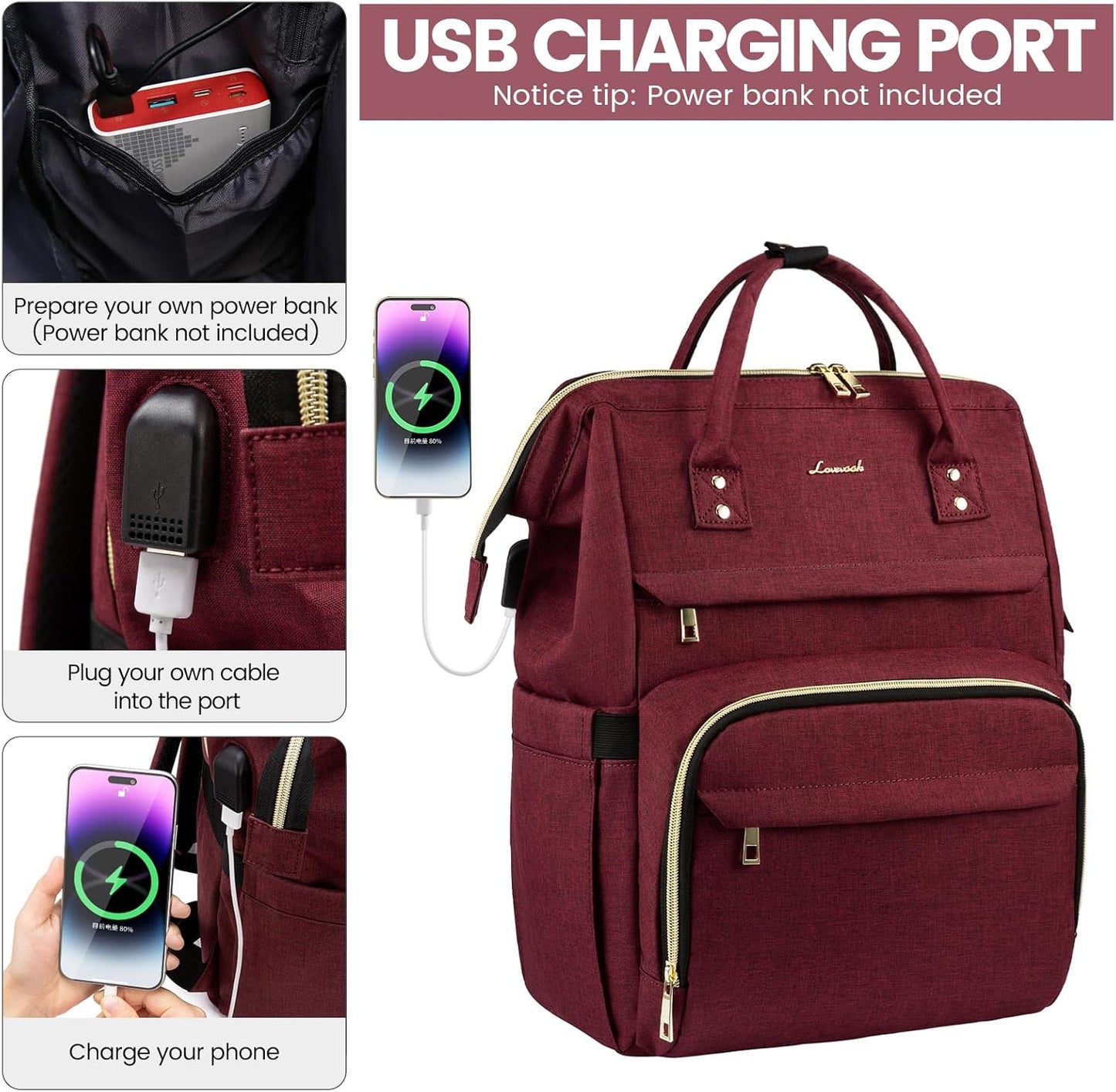 LOVEVOOK Laptop Backpack for Women,18 Inch Professional Womens Travel Backpack Purse Computer Laptop Bag Nurse Teacher Backpack,Waterproof College Work Bags Carry on Back Pack with USB Port,Wine Red