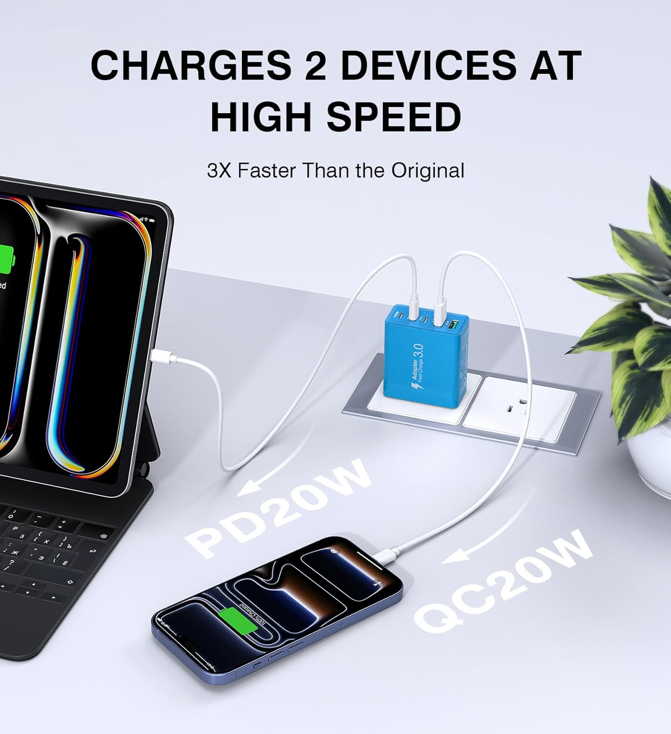 [60W/2Pack] Wall Charger, USB C Charger Block, 5-Port PD + QC 3.0 Fast Charging Power Plug Adapter Brick for Watch Series 10 9 8 7, for iPhone 17 16 15 14 13 Pro Max Airpod, Samsung Galaxy S25(Blue)