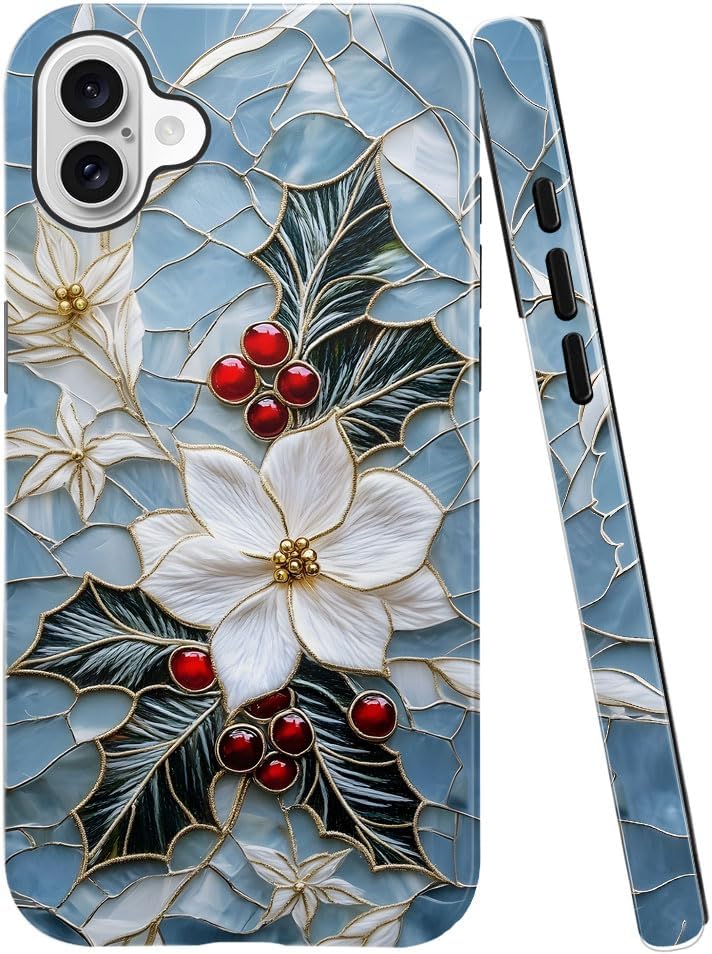 Case for iPhone 16 Plus - Slim Fit Anti-Scratch Phone Case for Girl Women - Christmas Holly Elegant Winter Floral (Glossy)