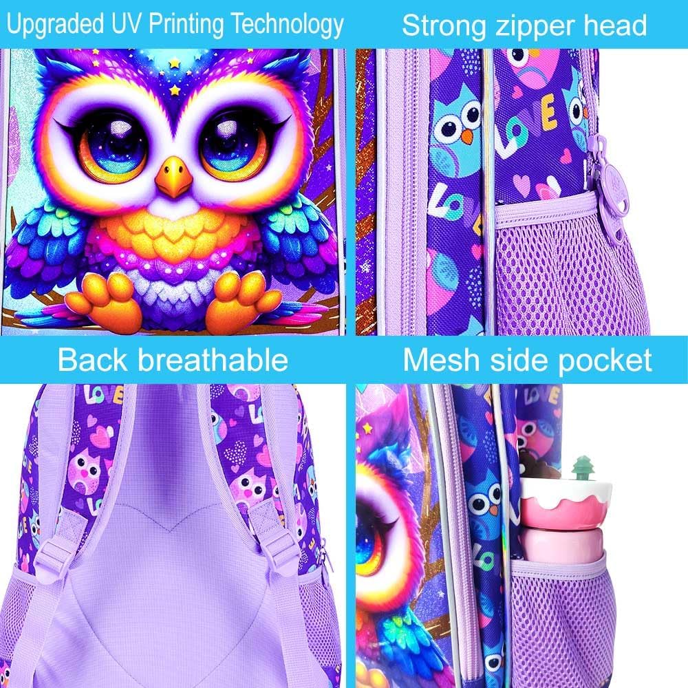 CCJPX 3PCS Kids Backpack for Girls, 16”Owl Bookbag with Lunch Box, Cute Water Resistant Elementary