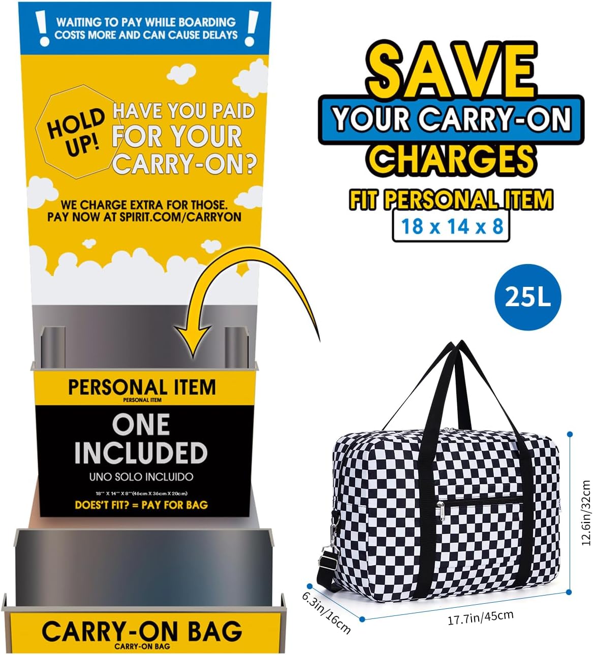 For Spirit Airlines Personal Item Bag 18x14x8 Foldable Travel Duffel Bag Tote Carry on Luggage Duffle Overnight for Women and Men