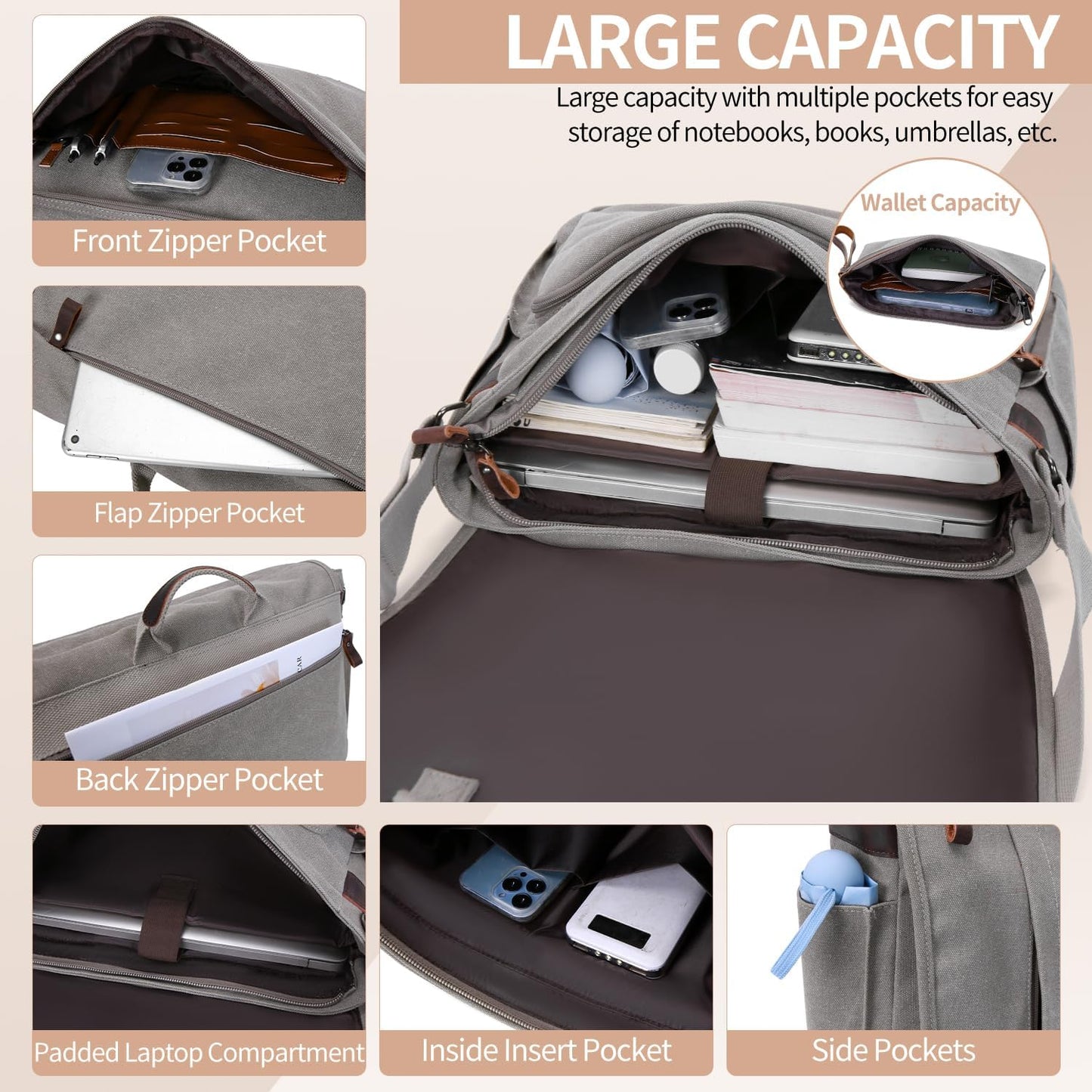 Nerlion Messenger Bag for Men 17-17.3 Inch Laptop Bag Canvas Water-resistant Computer Bag Shoulder Bag Work Briefcase Bookbag for College (Light Gray)