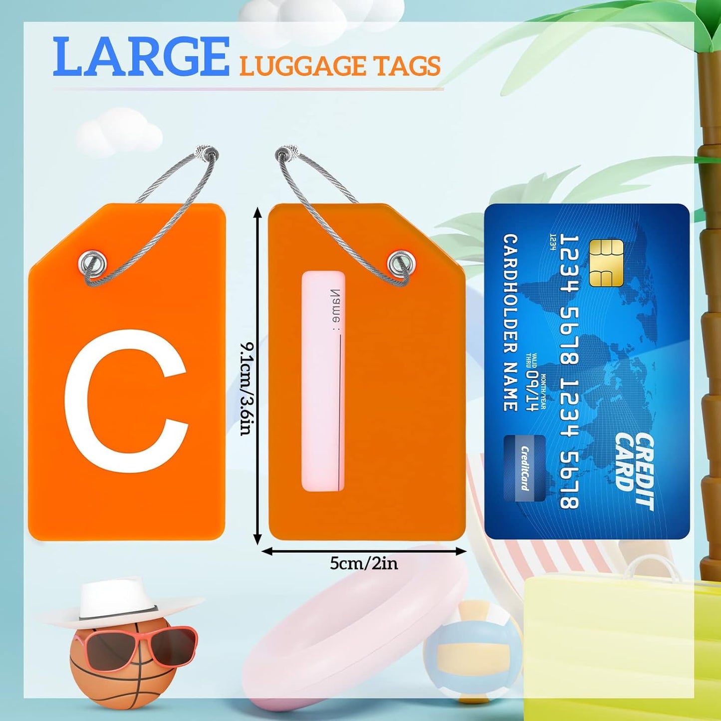 8 Pcs Initial Letter A-Z Luggage Tags Silicone Suitcase Instrument Tag with Name Card and Stainless Steel Loop(Letter C,Orange)