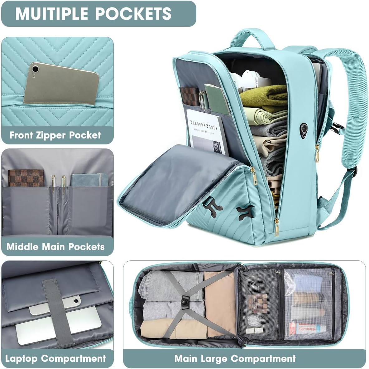 Large Carry On Travel Backpack - Flight Approved Waterproof Luggage Suitcase Backpacks Personal Item Size for Women Fit 17 Inch Laptop College Overnight Bag Anti-Theft Weekender Daypack Light Blue