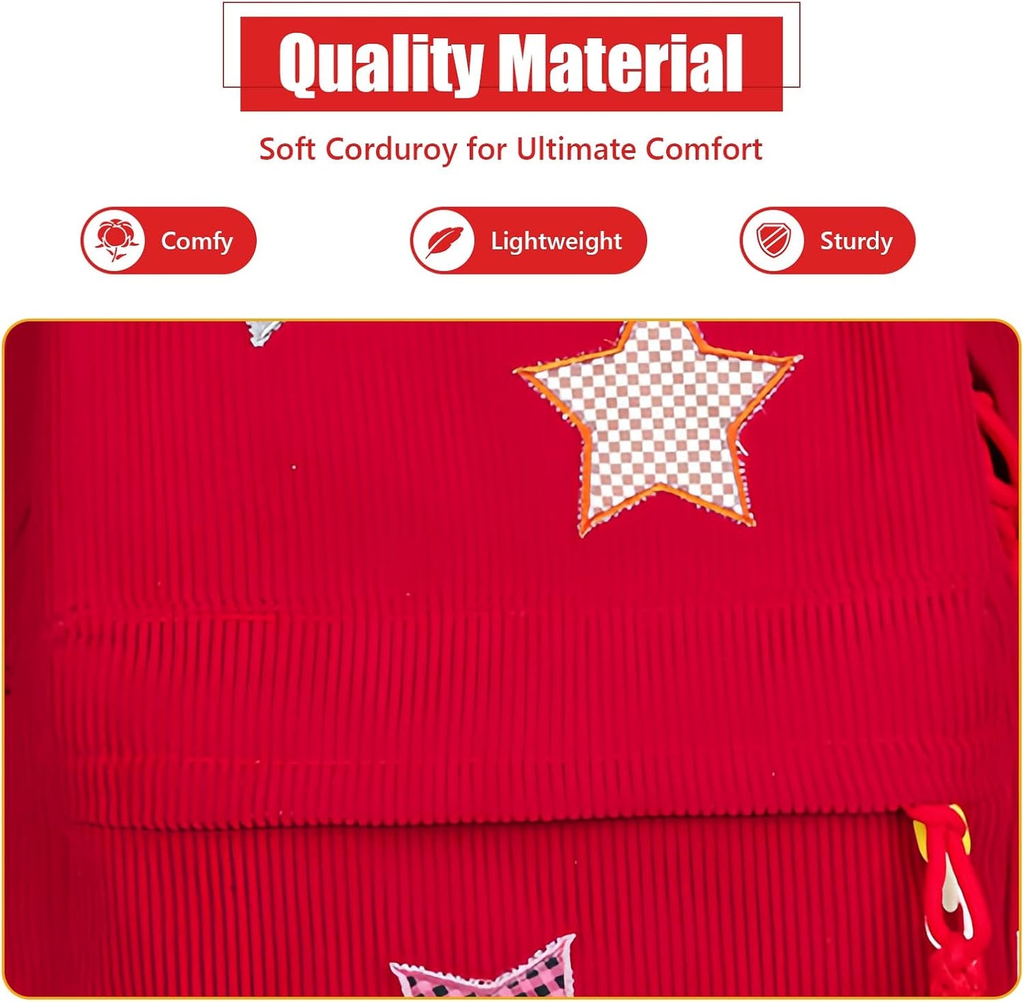 Corduroy Backpack with Star Pattern, Trendy and Versatile, Fits 14'' Laptop Large Capacity Daily Commute (Red)