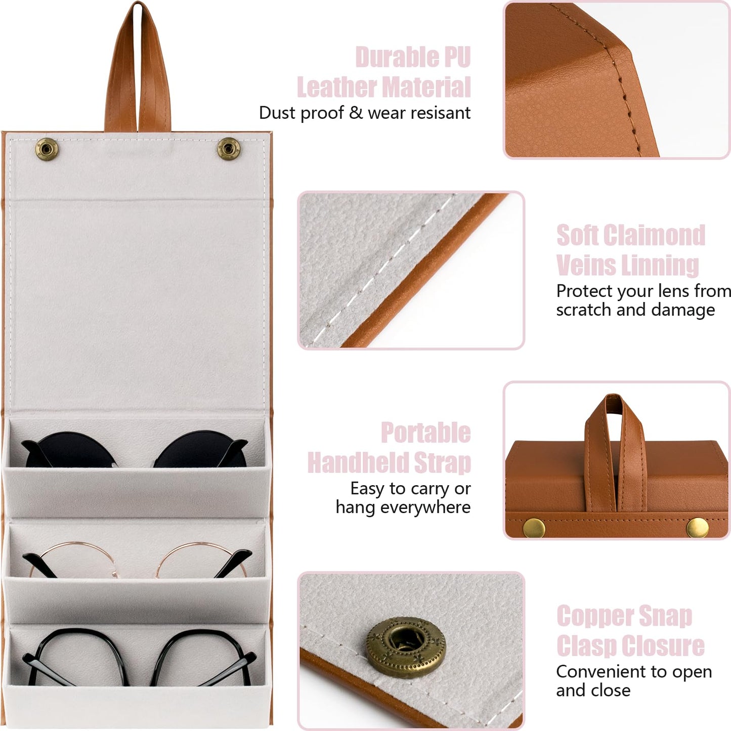 VACONICO Sunglasses Travel Case, Travel Sunglasses Case Organizer with 3 Slots Foldable Eyeglasses