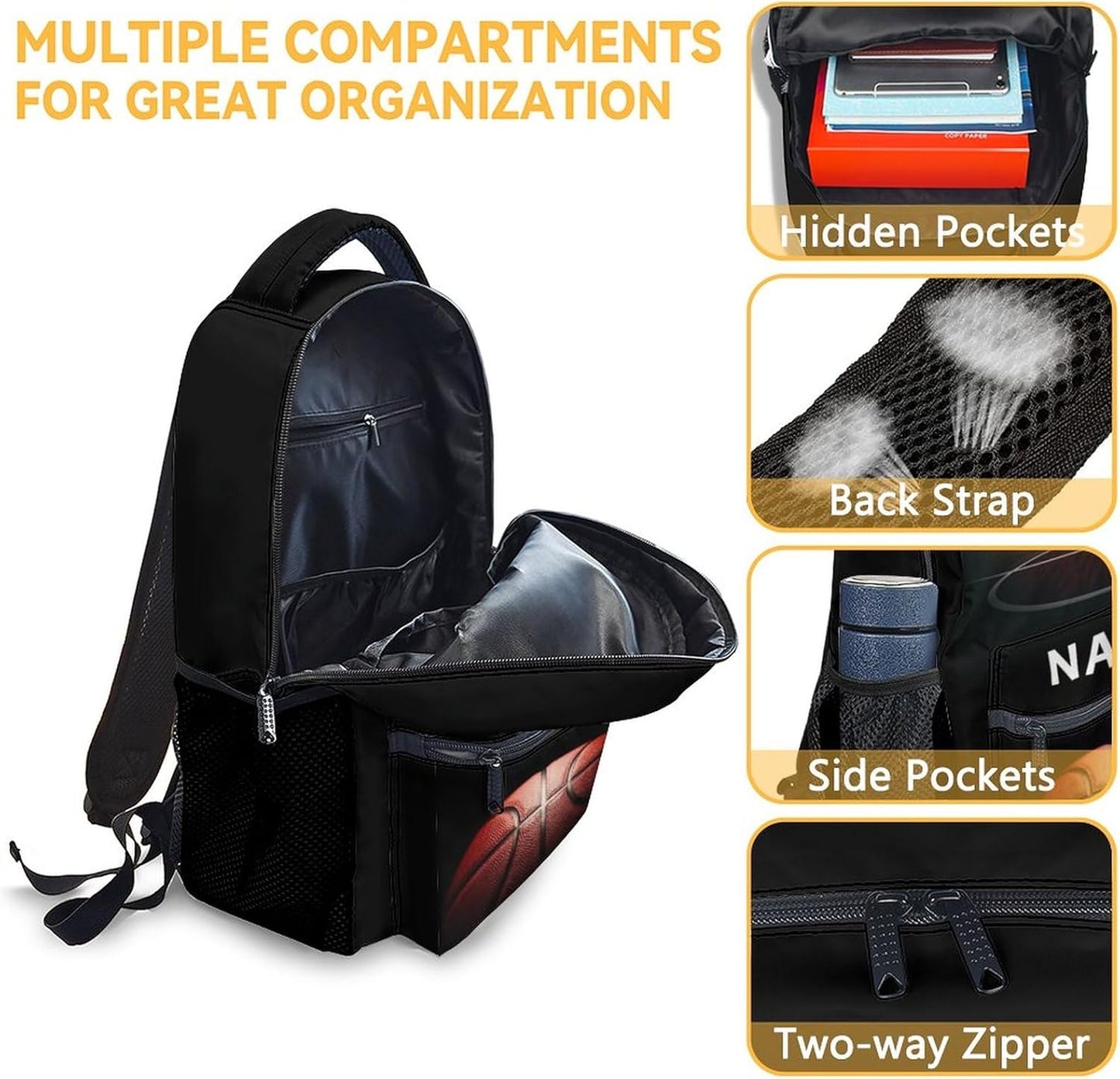 Mercuryelf Personalized Basketball Backpack for Boys Girls, 16 Inch Black Backpacks for School