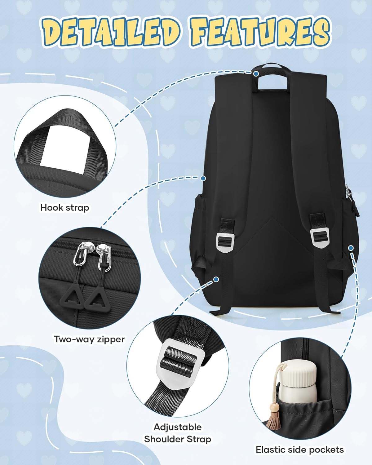 Black School Backpack for Women Men Cute Backpack for College Students Lightweight High School bag for Teens Girls Boys Waterproof Casual Daypacks Bookbag