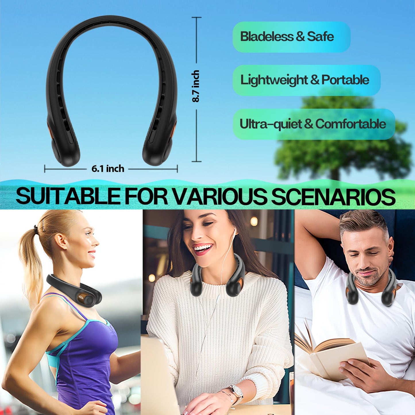 KIDEE Neck Fan, Portable Bladeless Neck Fans, Upgrade 360° Airflow, Super Quiet, 3 Speeds, 4000mAh