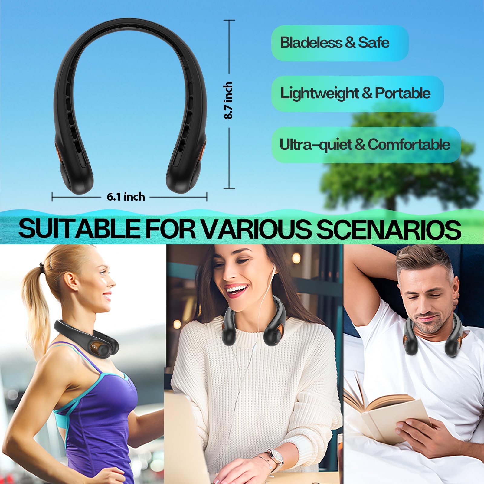 KIDEE Neck Fan, Portable Bladeless Neck Fans, Upgrade 360° Airflow, Super Quiet, 3 Speeds, 4000mAh