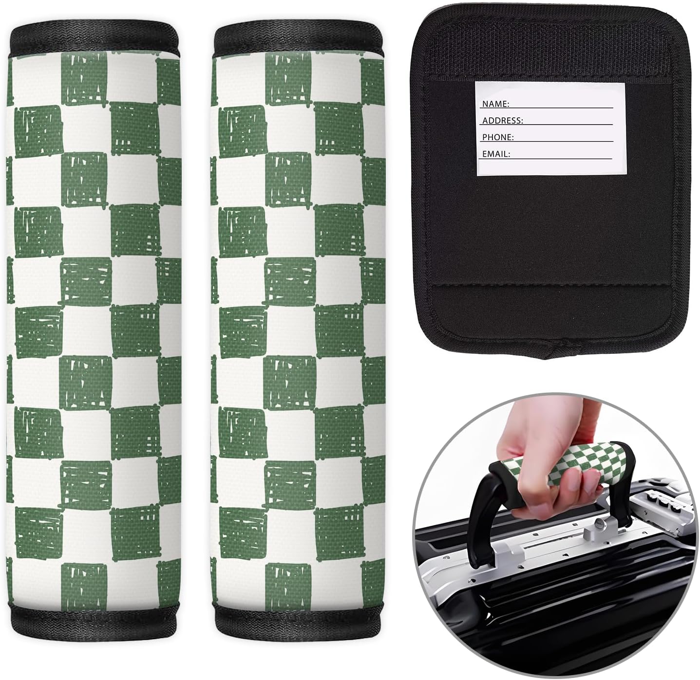 2 Pack Luggage Handle Wrap Travel Tags - Set of Luggage Tags for Suitcases, Identifiers, Marker, and Handle Covers - Cruise Accessories and Travel Gifts（Green Checkerboard