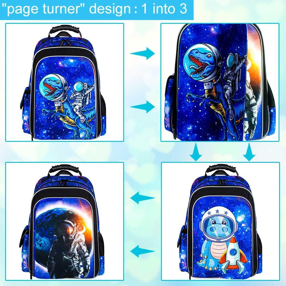 KLFVB 3PCS Cat Uni Dinosaur Backpack for Girls and Boys, 16" Kids Bookbag and Lunch Box, Preschool Backpacks for Elementary