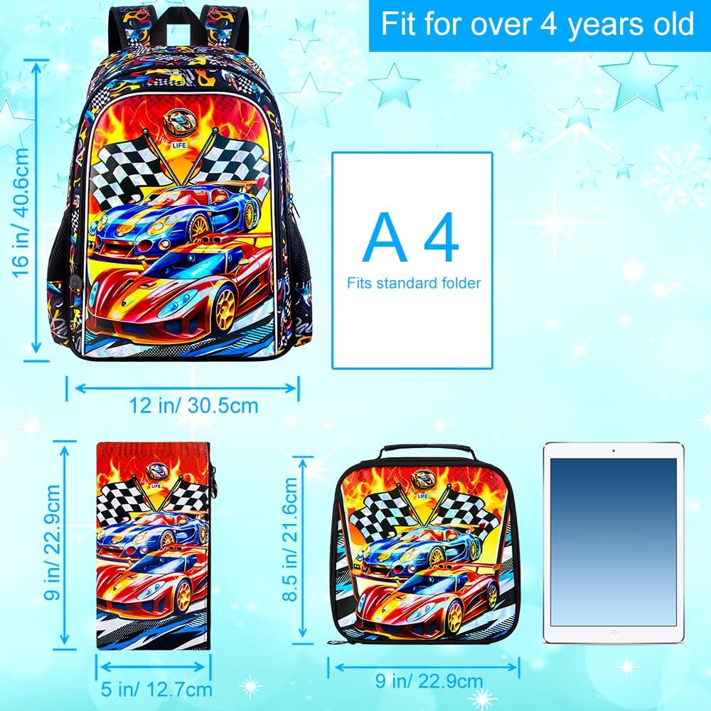 3PCS Car Backpack for Boys, Water Resistant Kids Bookbag Set with Lunch Box, Cute School Bag for Preschool Toddler