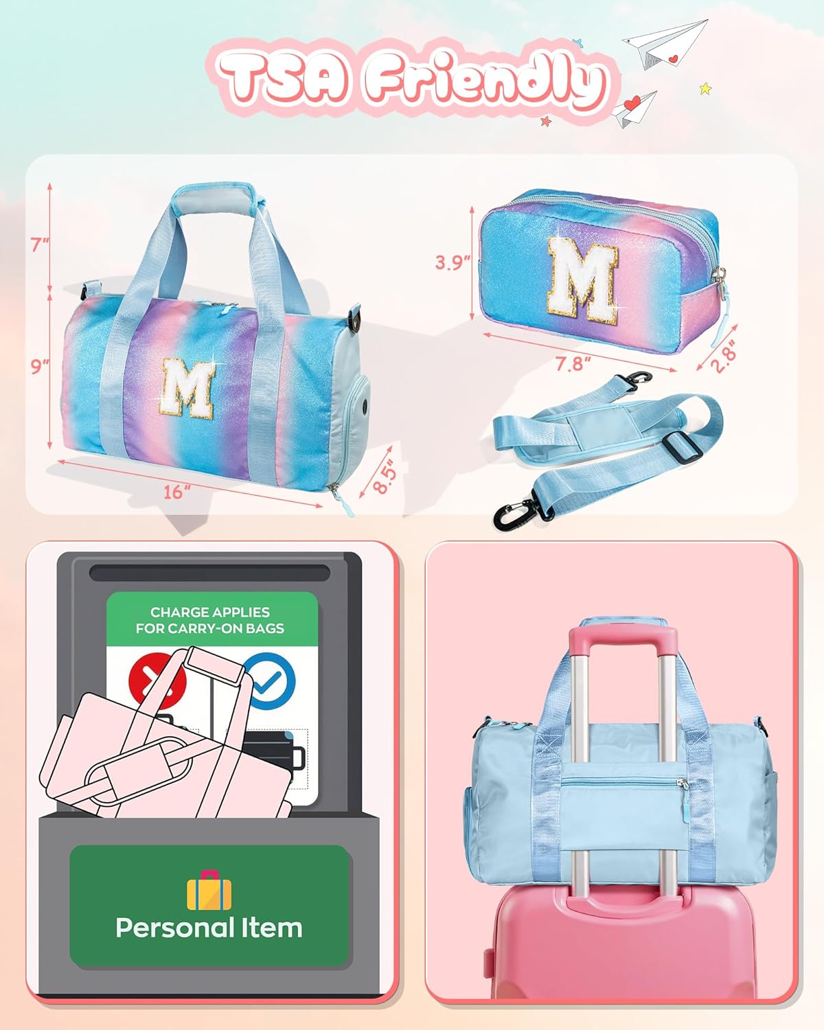 Girls Day Gifts for Kids-Girl Gym Bag with Shoe Compartment, Kid Personalized Weekender Overnight