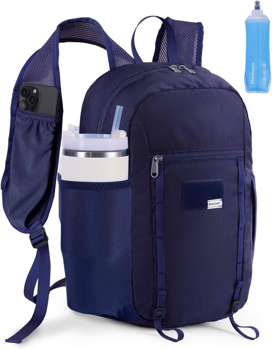 Blue Quartz 15L Hiking Backpack with Soft Flask, Ultralight Hiking Daypack with Chest Pockets for Phone Sternum Straps, Lightweight Foldable Packable Back Pack for Women Men(patent pending)
