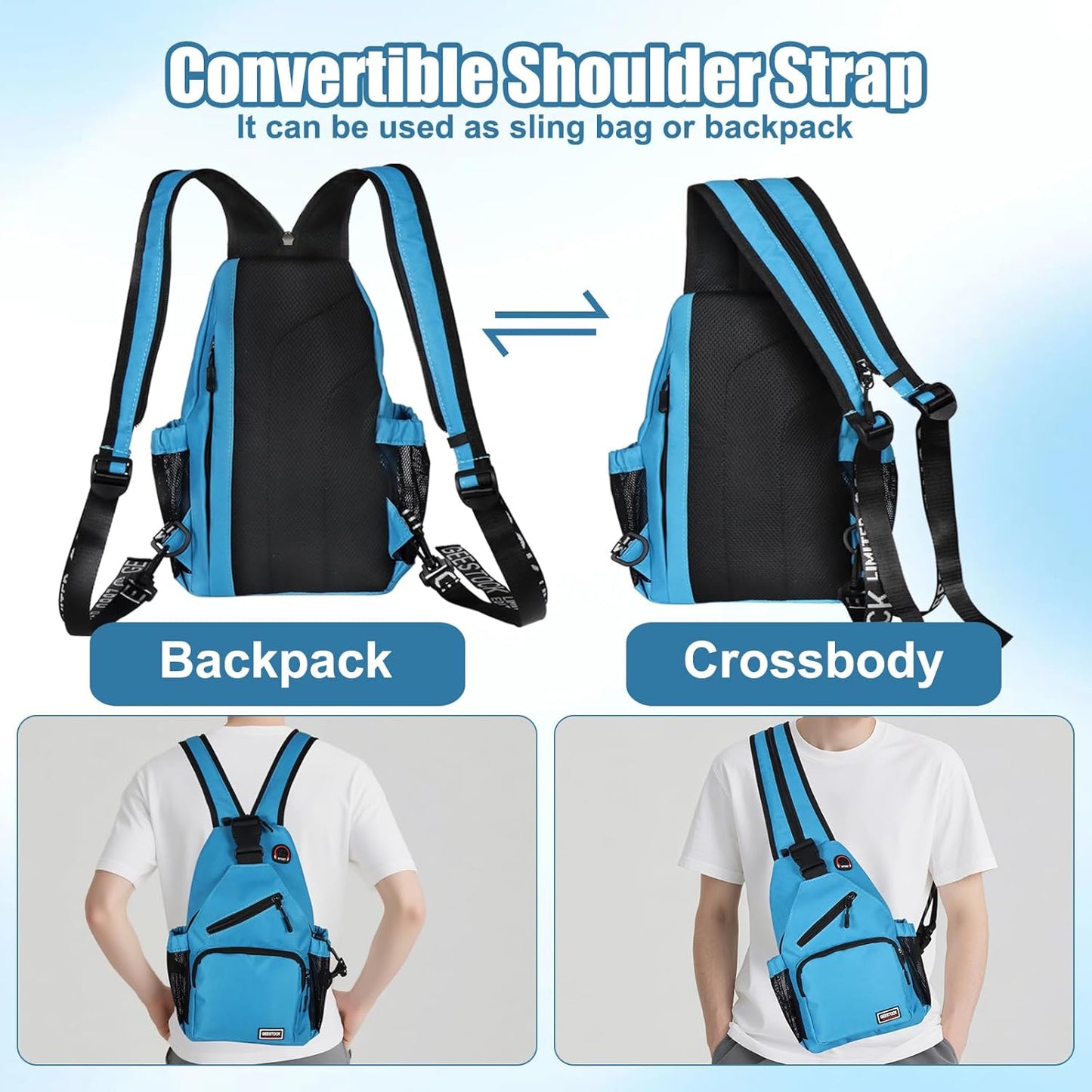 Sling Bag for Women Man, Convertible Sling Backpack with Convertible Shoulder Strap Casual Backpack Daypack for Travel, Hiking and Daily Commute, (Blue, Large)