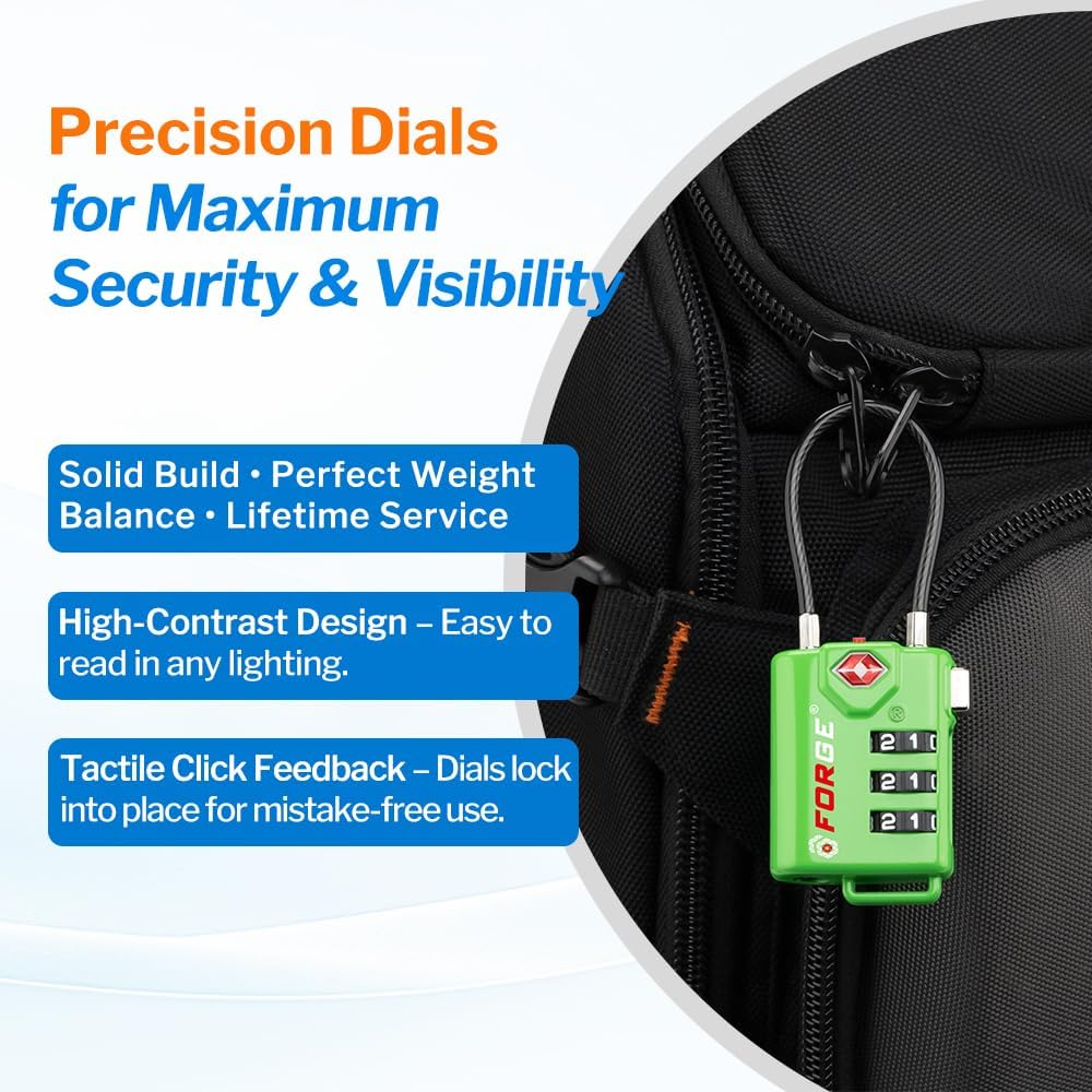 Forge TSA Approved Luggage Locks, Re-settable Combination with Alloy Body(Green 2 Locks)