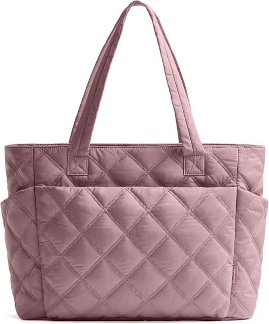Tote Bag for Women, Lightweight Puffer Tote Work Bags with Compartments for Travel, Quilted Shoulder Bag with Zipper