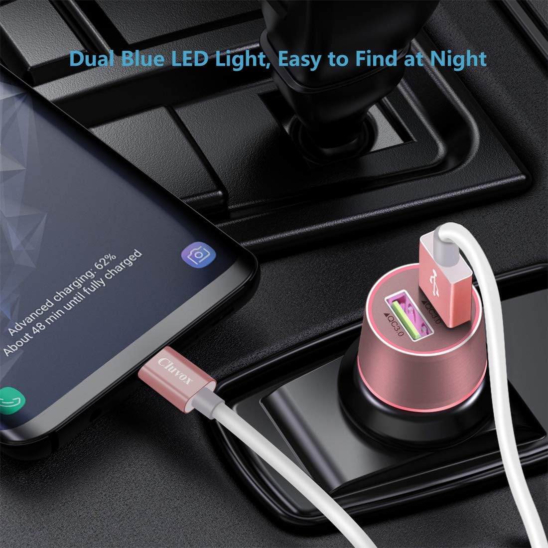 Fast USB C Car Charger, Compatible for Samsung Galaxy S22/S21/S20 Plus/Ultra/S20 FE/S10+/S10e/S9/S8/Note 10/9/8/A20/A50/A70 Quick Charge 3.0 Dual USB Rapid Car Charger with Type C Cord 3.3ft-Rose Gold