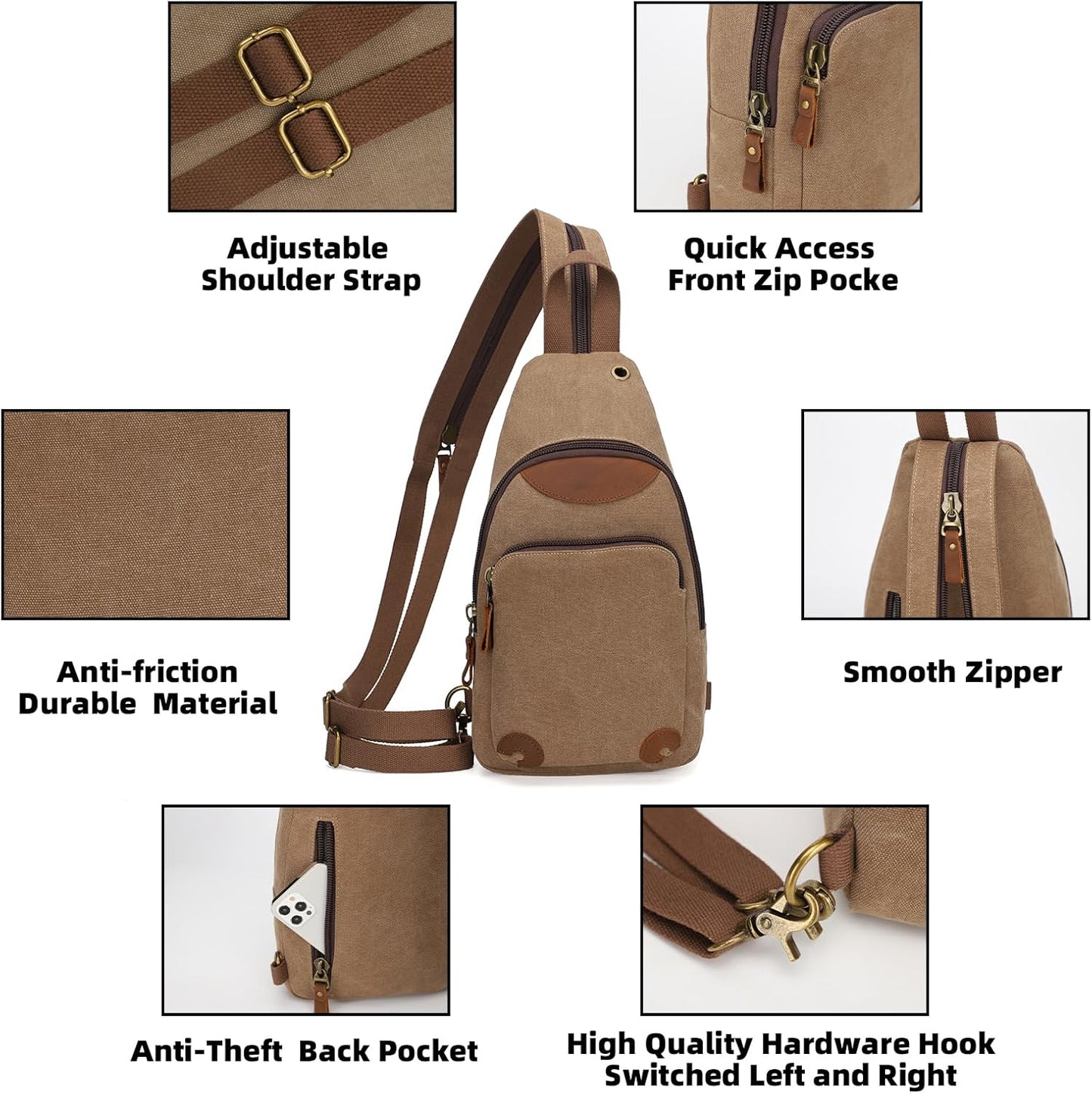 KL928 Canvas Sling Bag Crossbody Backpack Shoulder Casual Rucksack for Men Women,Brown