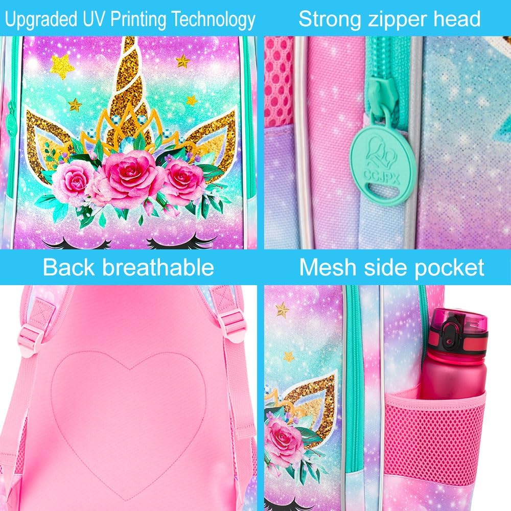 CCJPX 3PCS Unicorn Backpack for Girls, 16”Kids Bookbag with Lunch Box, Cute Water Resistant