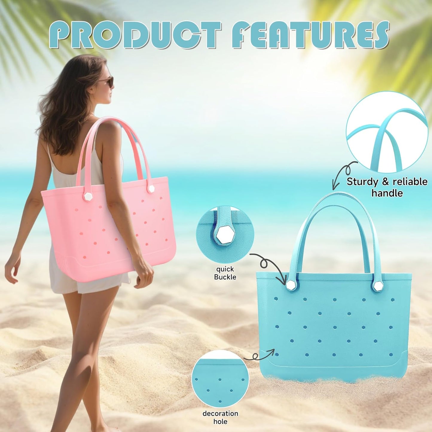 CXY Rubber Beach Bag, Waterproof Travel Tote bag for Women Outdoor Summer Beach Tote Washable Bag Open Handbag for Daily