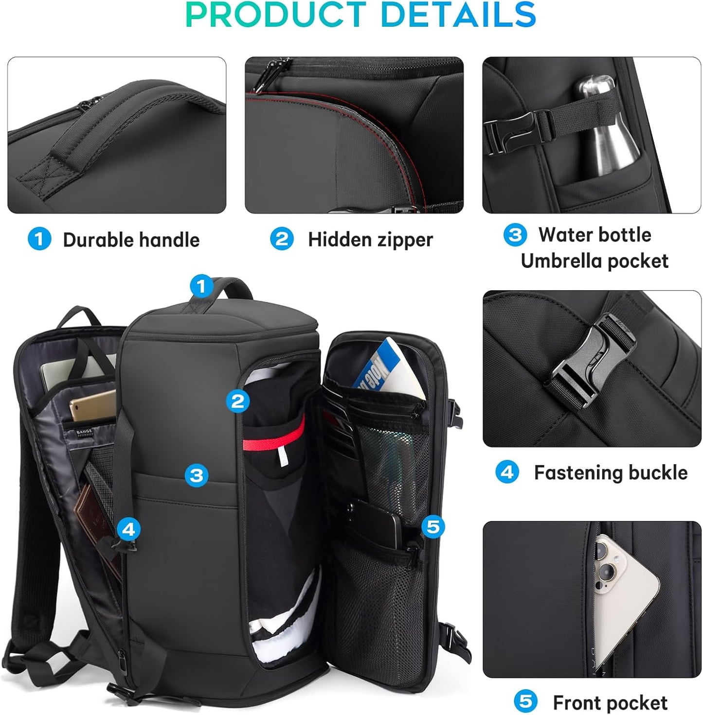 BANGE 40L Travel Backpack with Shoe Compartment, Large Capacity Weekender Bag Daypack Fits 17.3 Inch Laptop, Carry-on Luggage Backpack with Water Bottle Holder for Traveling, Hiking, Business