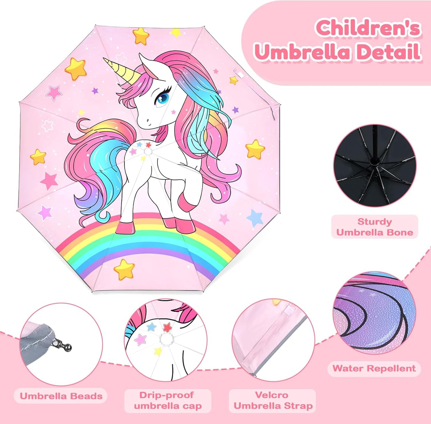 Autoamtic Kids Umbrella UV Resistant, Folding Compact Umbrella 360° Reflective Strip for Travel Outdoor, Lightweight Cute Kids Parasol Anti-rebound Safe for Toddler