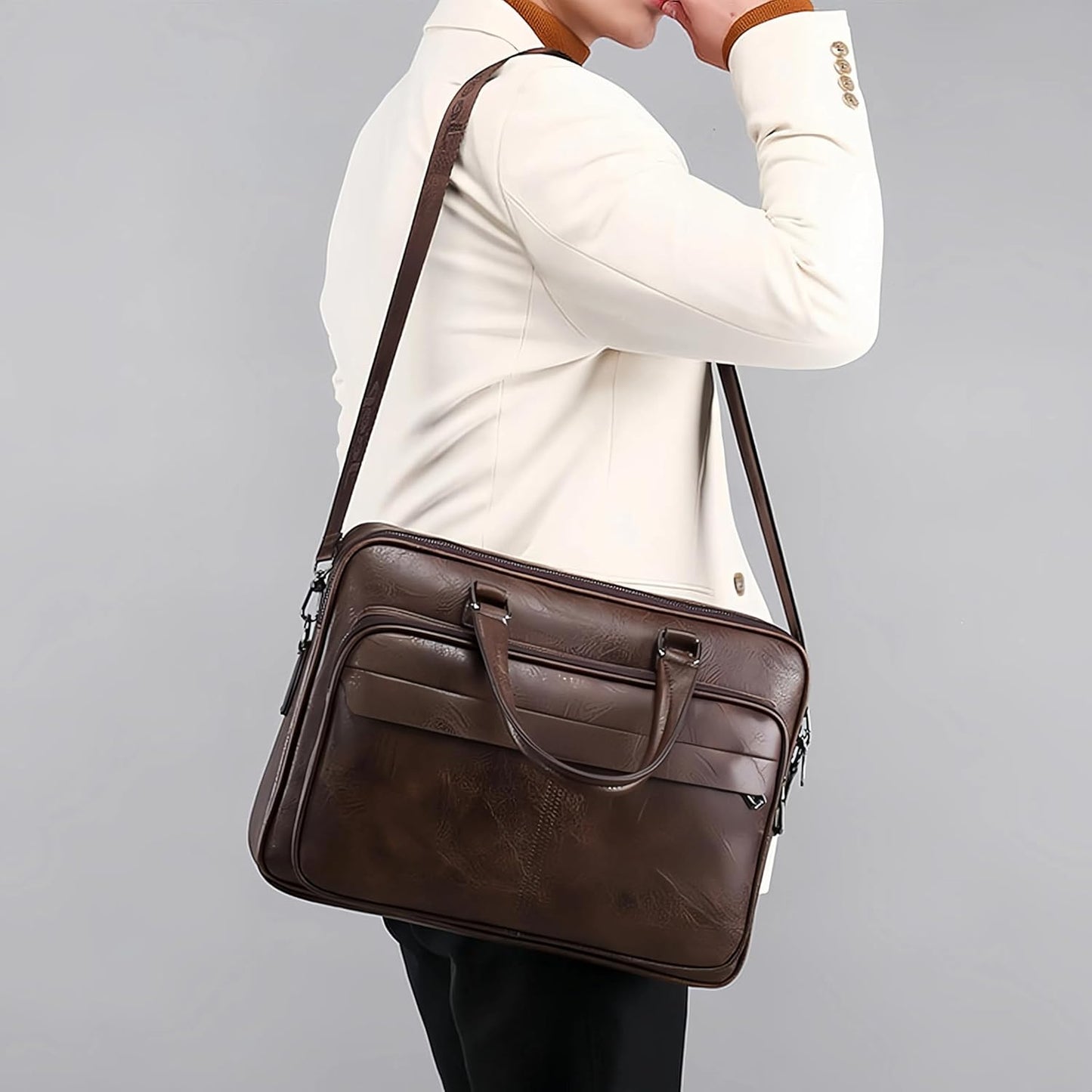 Vintage Leather Laptop Briefcase, 16 Inch Messenger Bag, Crossbody Shoulder Computer Satchel for Men Office Computer Bag