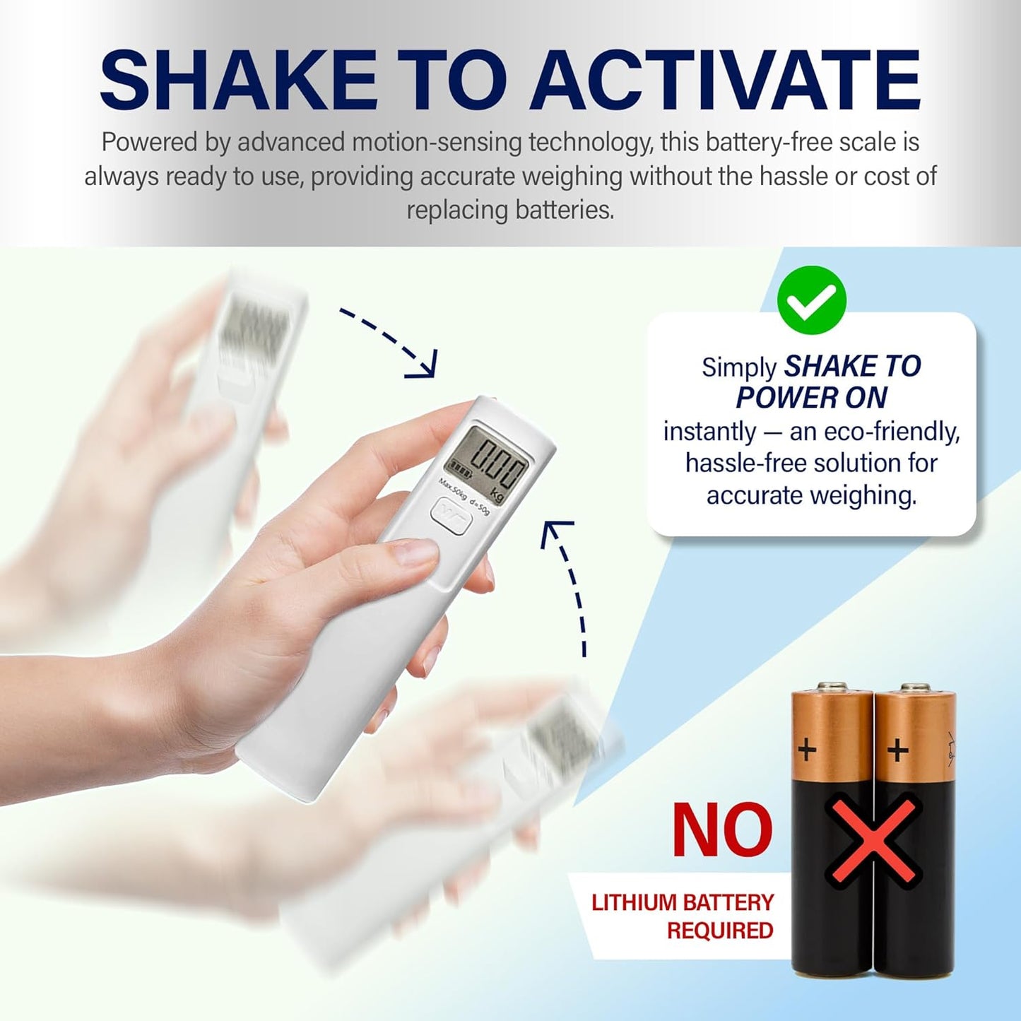 Luggage Scale, Battery Free (Shake to Charge) Digital Travel Weigher, 110 lb / 50 kg Capacity, Portable Handheld Suitcase and Baggage Weigher with LCD Display, Tare, Auto Off, Airline Travel
