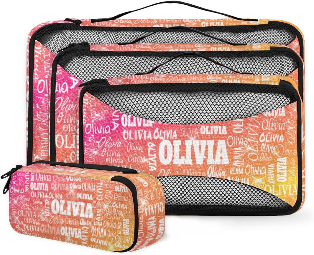 4pc Personalized Name Packing Cubes for Travel - Luggage Packing Organizers - Travel Packing Cubes for Suitcases, Shiny Glitter Starry Red Orange