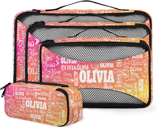 4pc Personalized Name Packing Cubes for Travel - Luggage Packing Organizers - Travel Packing Cubes for Suitcases, Shiny Glitter Starry Red Orange