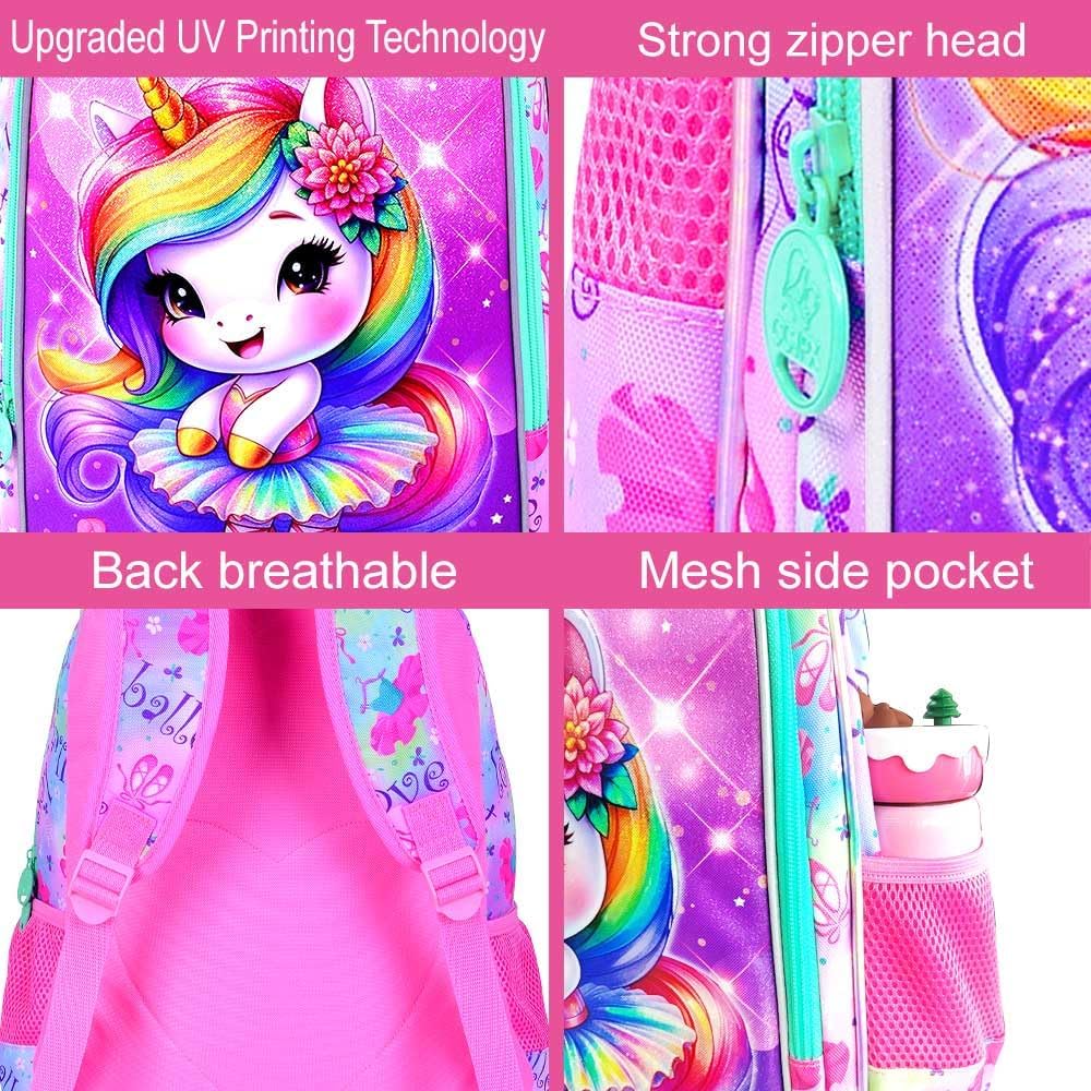 WZLVO 3PCS Kids Backpack for Girls, Unicorn Dinosaur Animal Prechool Elementary Kindergarten School Bookbag with Lunch Box