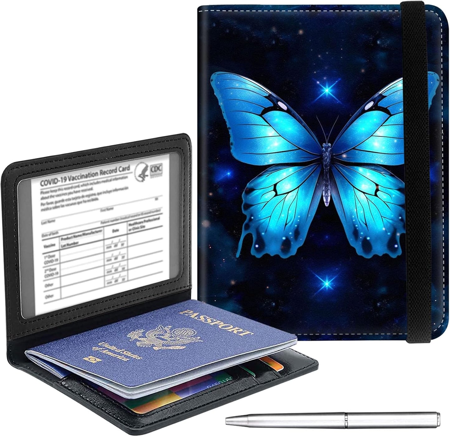 Passport Holder Cover Wallet Travel Essentials RFID Blocking Case Leather Passport Cover Wallet Vaccine Card Slot Organizer for Men Women, Starry Butterfly
