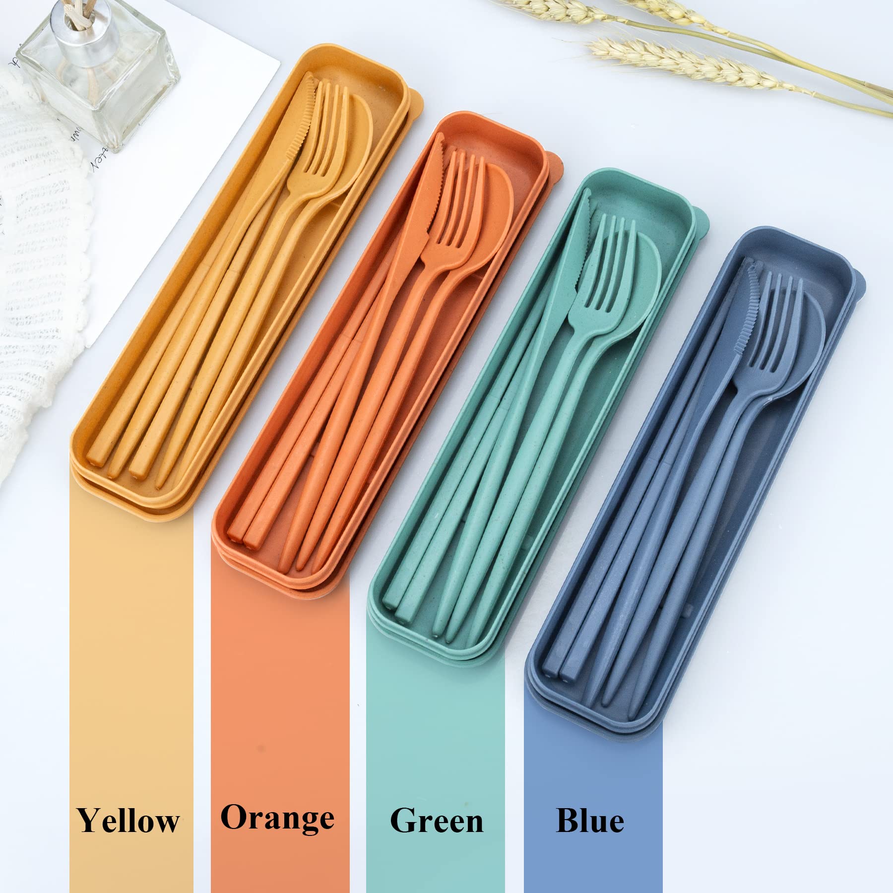 DISSKNIC Reusable Travel Utensils with Case, 4 Sets Wheat Straw Portable Cutlery Set Chopsticks