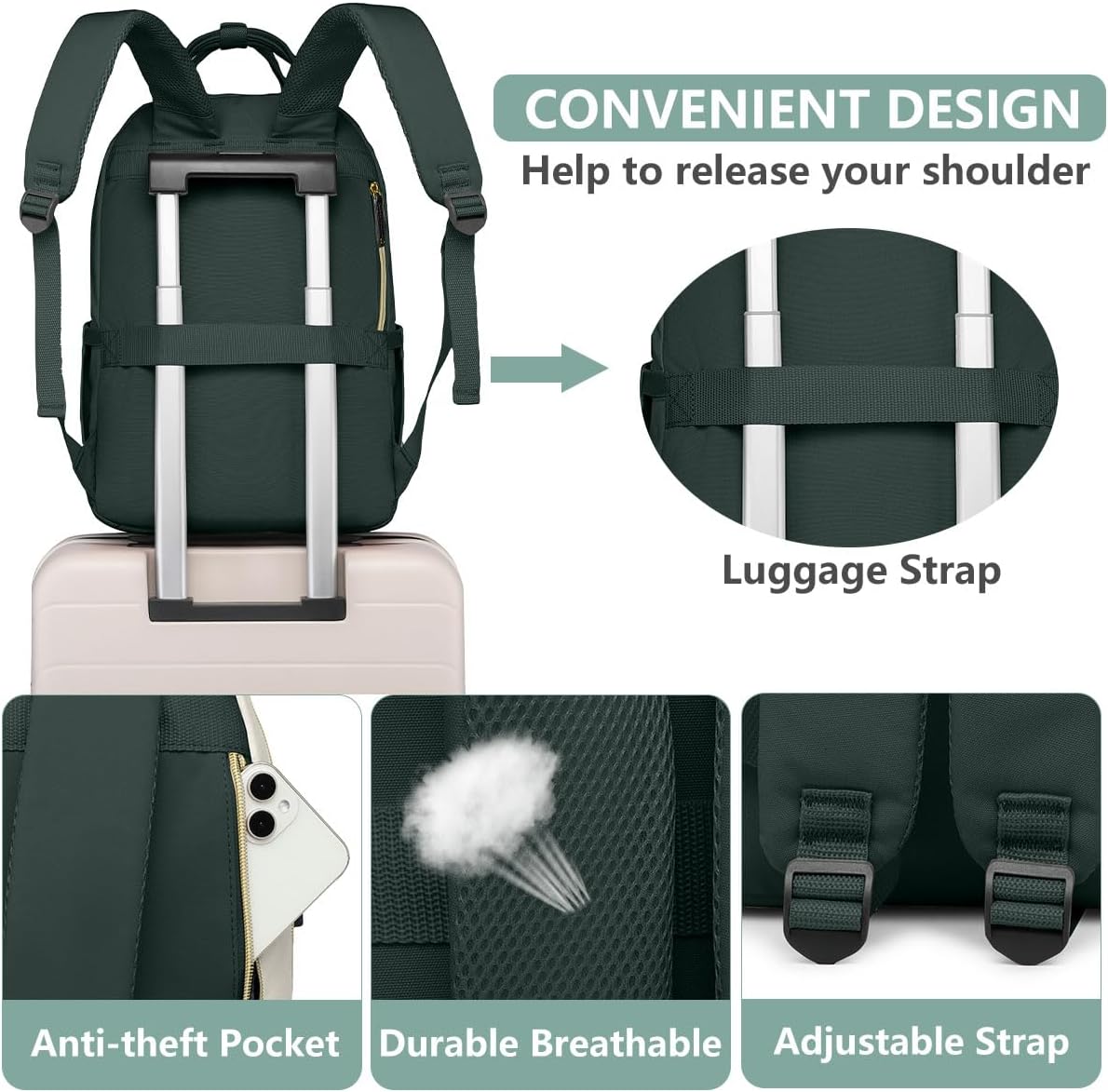 Laptop Backpack for Women Work Bag - 15.6 inch Travel Backpack with USB Charger Business Computer Backpacks for Work College Back pack for Teacher Casual Waterproof Bookbag for Nurses Beige Green