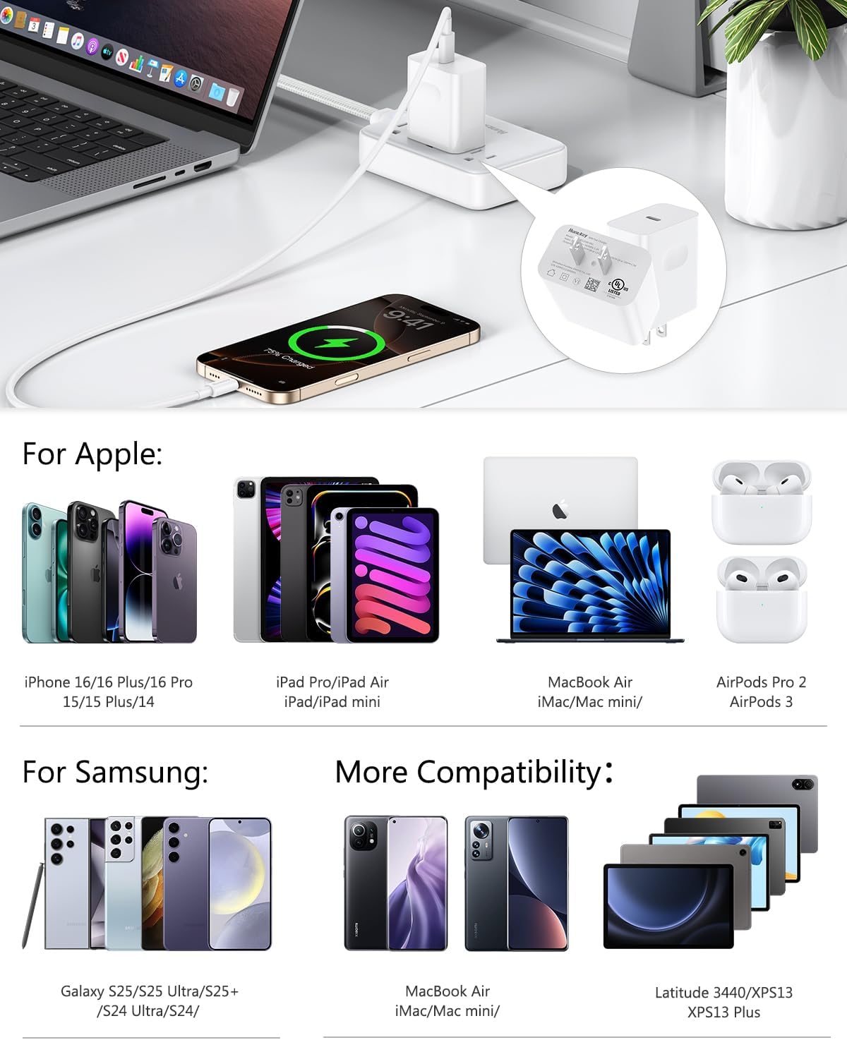 2 Packs 30W iPhone 17 16 15 Compact Charger: USB-C Fast Charging Power Adapter Compatible with iPhone 17/17 Plus/17 Pro Max/16/16 Plus/16 Pro Max/15 Pro Max/iPad Pro, UL Certified