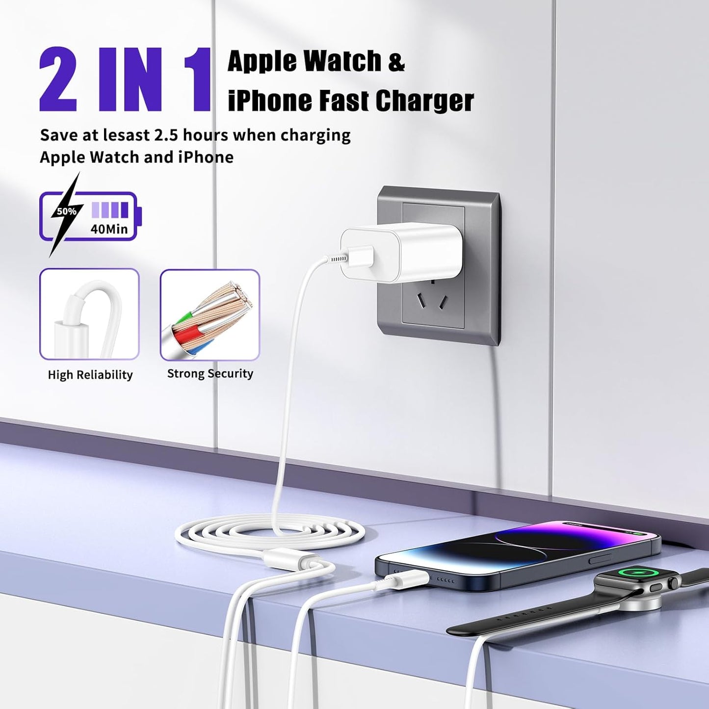 Upgraded Apple Watch Charger, iPhone Watch Charger, 2 in 1 Magnetic iWatch Charger to USB C Cable 3ft with USB C Charger Block for iWatch Series Ultra/9/8/7/6/SE/SE2/5, iPhone 14/13/12/11, Pro/Pro Max