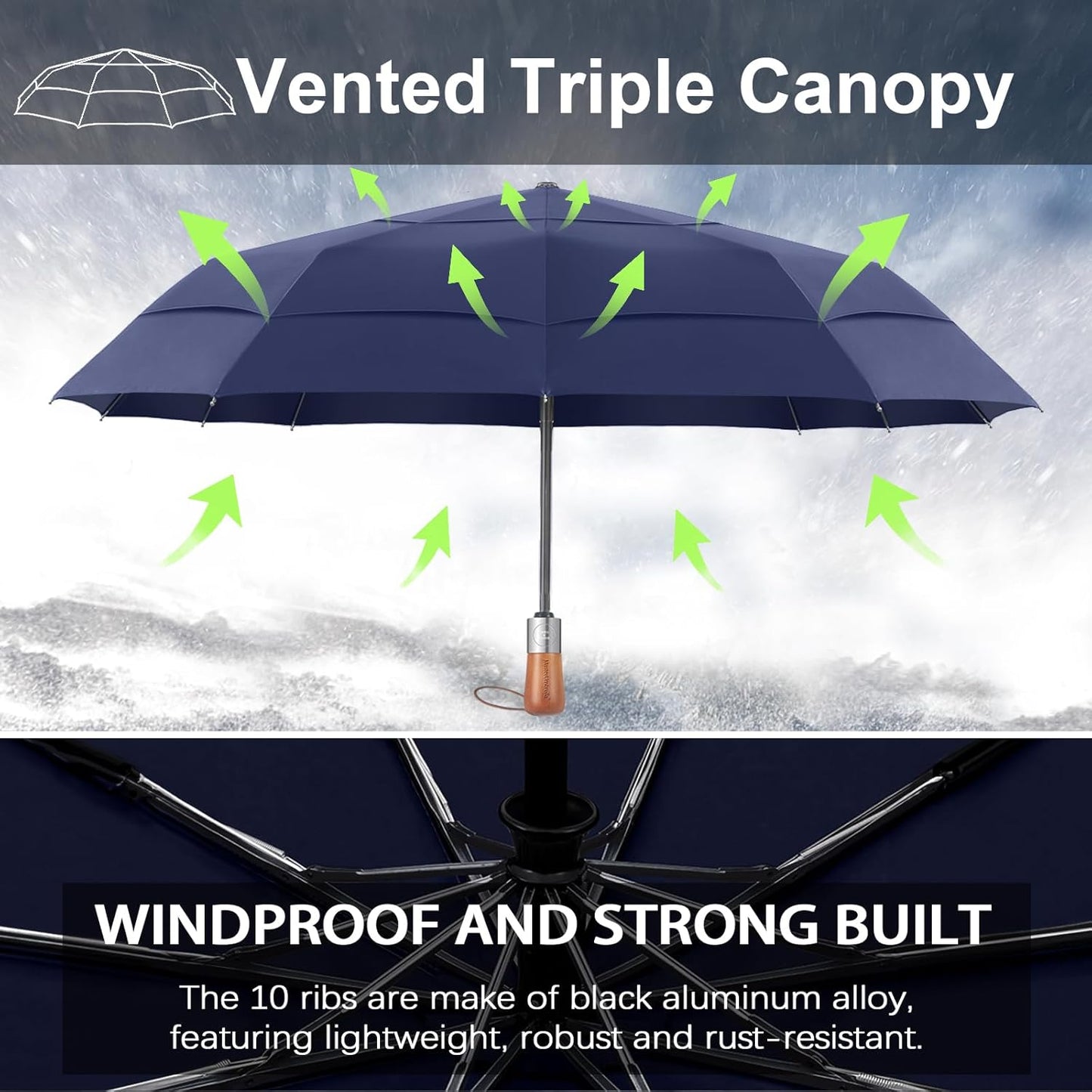 Umbrellas for Rain, Heavy-Duty Windproof Travel Umbrella — Auto Open/Close, Vented Triple-Layer Canopy, 10 Fiberglass Ribs, Folding Design, Large Coverage, Wooden Handle