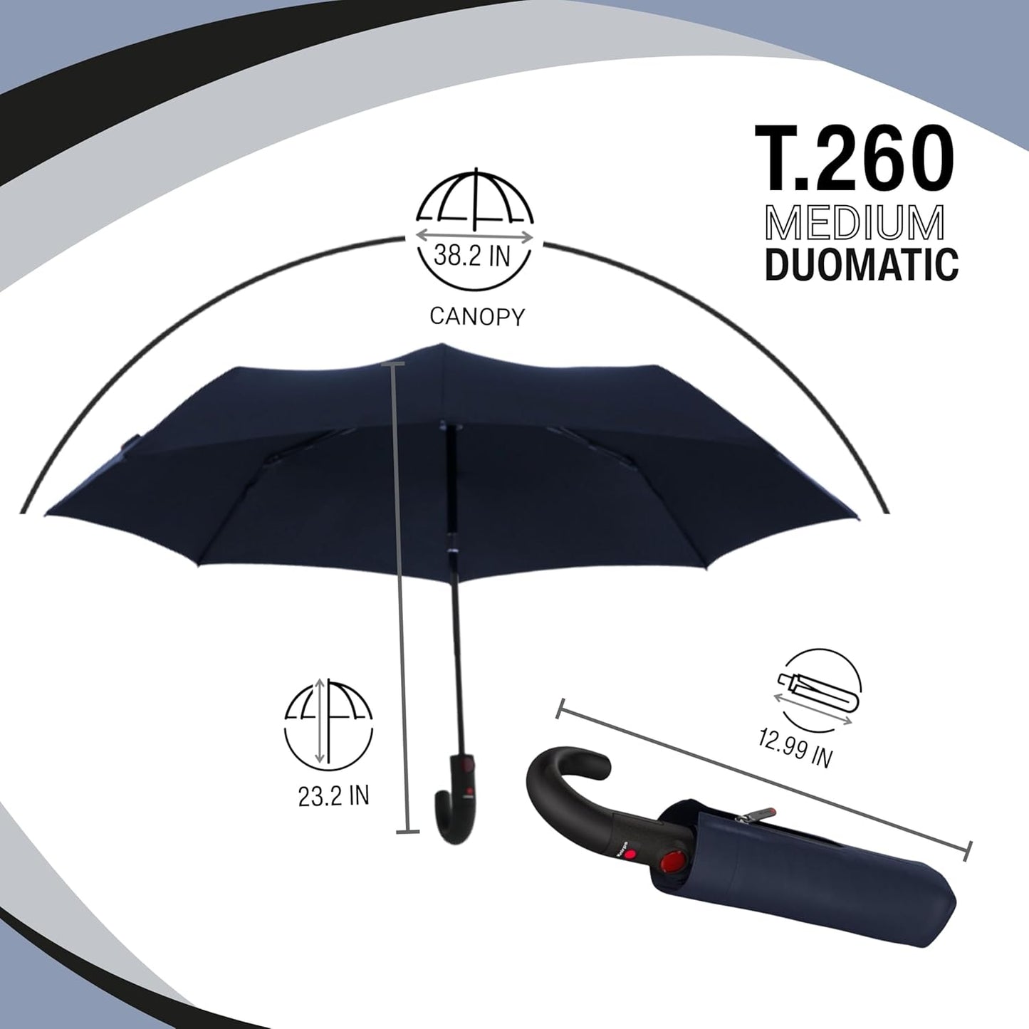 Knirps T.260 Medium Automatic Open Close Rain Umbrella with Curved Handle and Carrying Case - Compact Windproof Travel Umbrellas for Adults, 97cm Diamteter