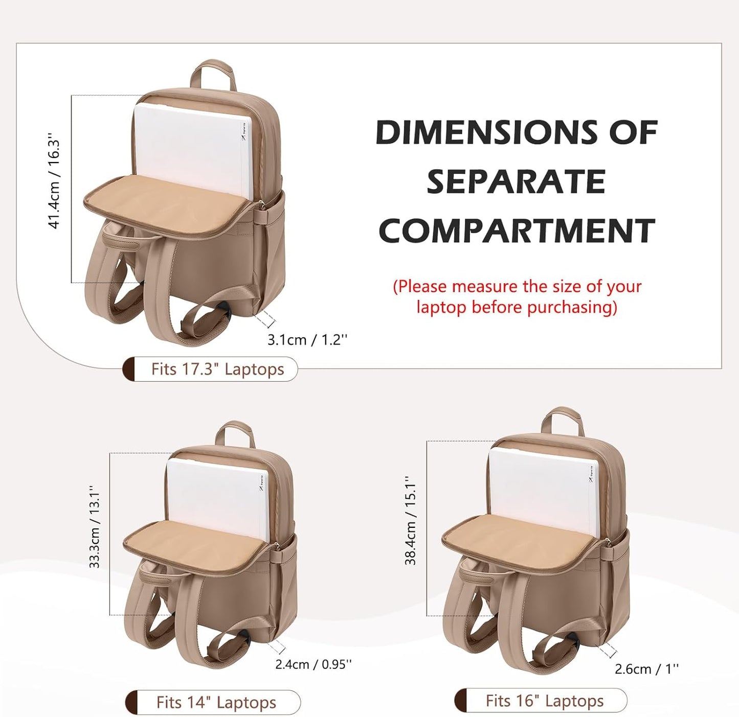 Slim Laptop Backpack for Women, Lightweight Business Backpack for Women Computer Bag Purse for Commuting, Fit 17.3 Inch, Champagne Brown