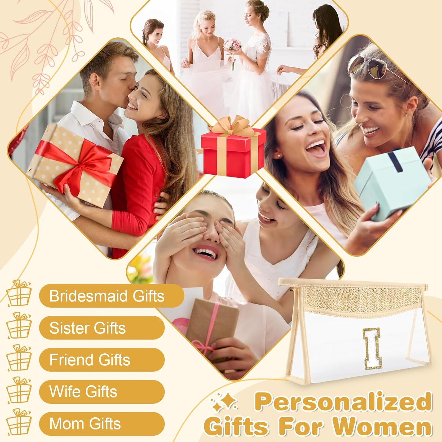 Personalized Initial Letter Bag Boho Straw Clear Makeup Bag,Small Cute Chenille Varsity Letter Pouch With Zipper,Beach Travel Toiletry,Portable Monogrammed Cosmetic Bag for Women Girls,I