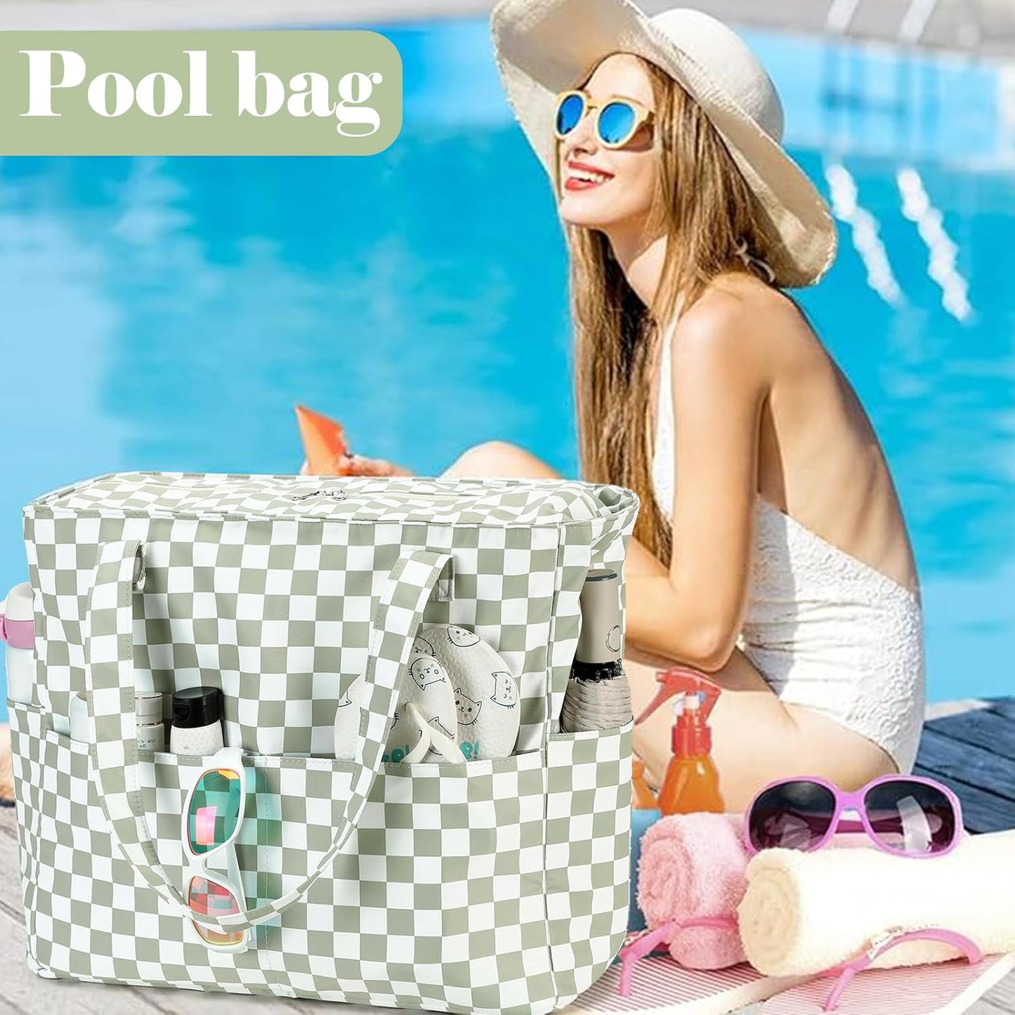 LEDAOU Beach Bag Waterproof Sandproof Women Tote Bag Pool Bag with Zipper for Gym Grocery Travel