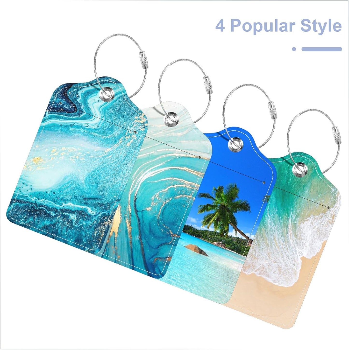 4 Pack PU Leather Luggage Tags for Suitcase, Travel Cruise Luggage Tag with Privacy Flap, Name ID Label and Metal Loop for Women Men Baggage Handbag School Bag Backpack, Beach