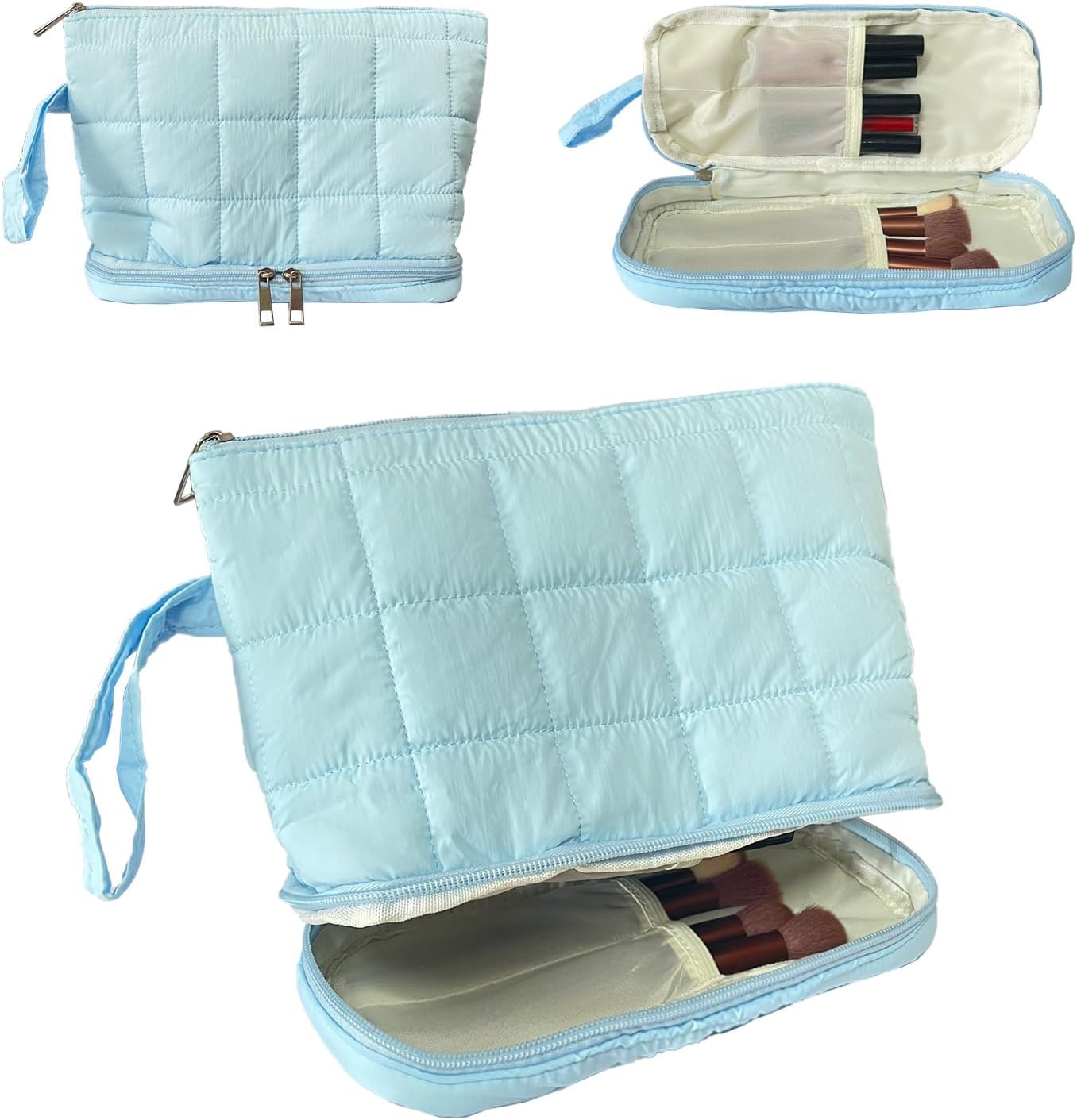 Blue Puffy Puffer Makeup Bag for Purse Small Makeup Pouch Quilted Cosmetic Bag Cute Cotton Toiletry Pouch Bag for Women
