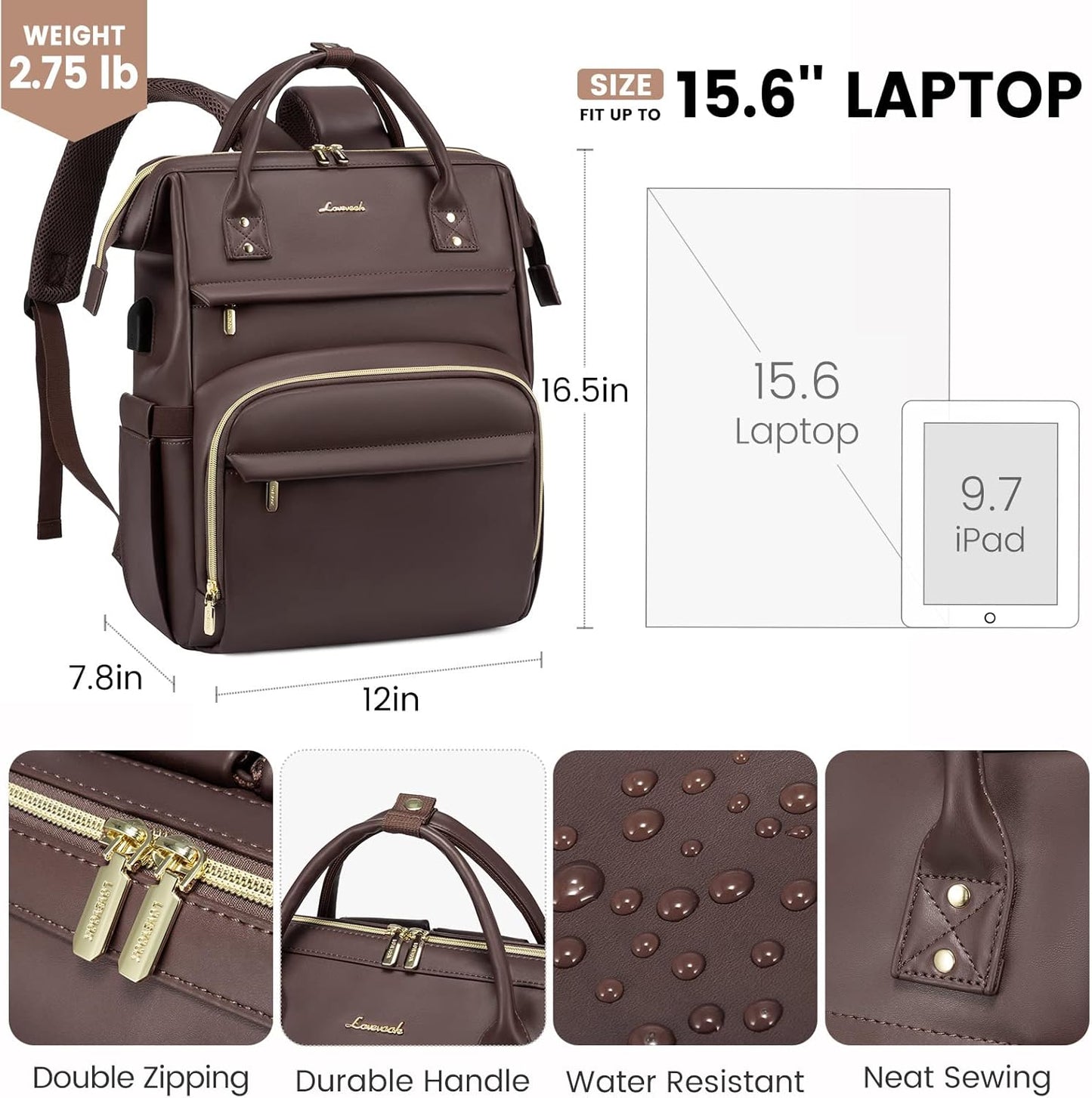 LOVEVOOK Leather Laptop Backpack for Women 15.6 inch,Travel Backpack Purse Nurse Teacher Backpack Computer Laptop Bag,Professional College Business Work Bags Carry On Backpack with USB Port,Coffee