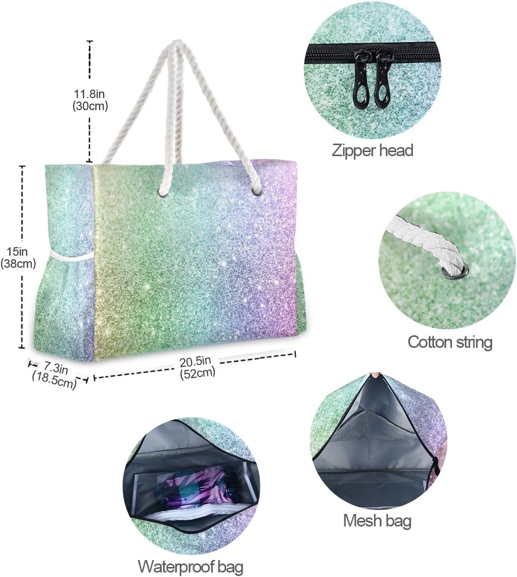ALAZA Beach Bag, Rainbow Glitter Travel Tote Bags for Camping, Exercise