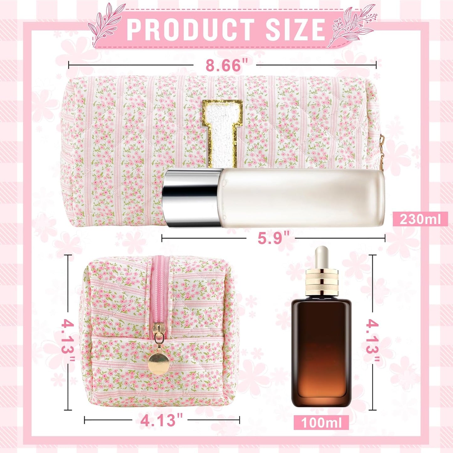Personalized Quilted Cosmetic Bag, Puffy Monogrammed Christmas Birthday Gifts for Women & Girls, Cute initial Floral Makeup Bag Puffer Coquette Bag, Aesthetic Travel Toiletry Zipper Pouch(Pink,I)